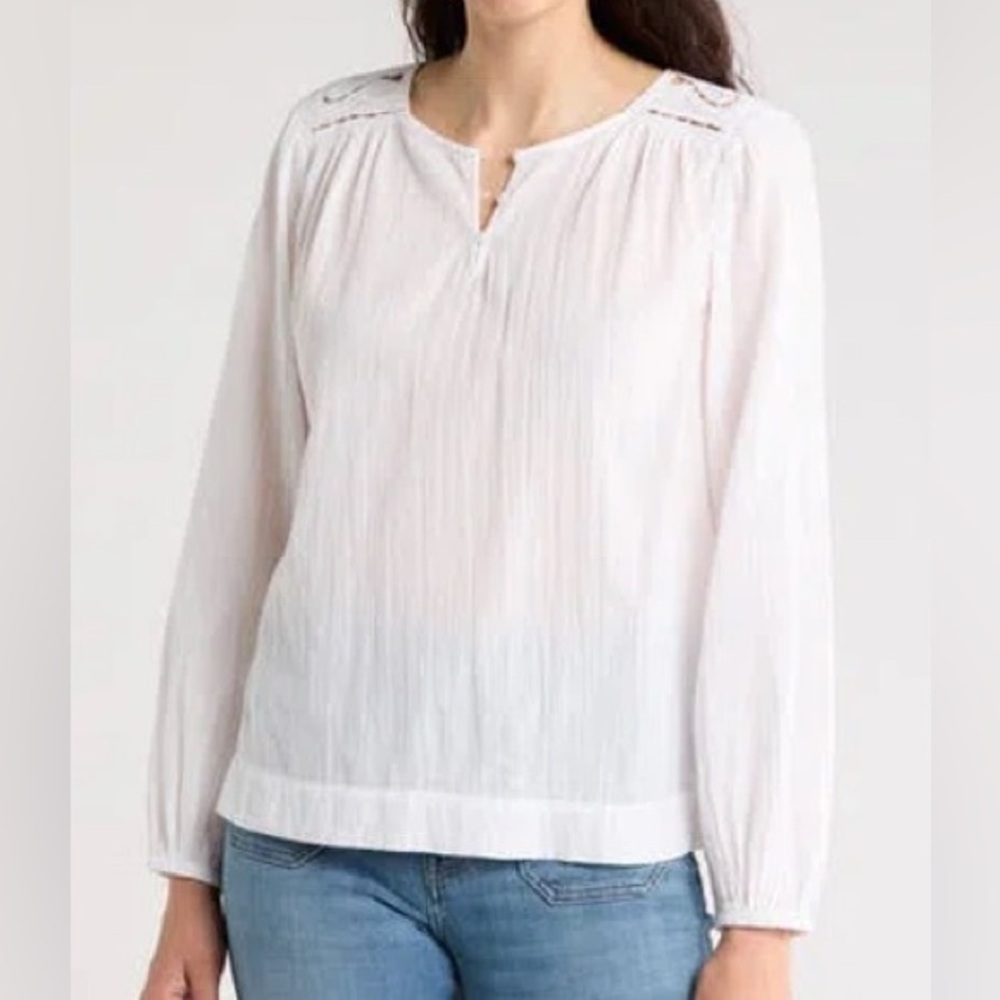 Lucky Brand White Women’s Long Puff Sleeve Cutout Cotton Top Sz Large